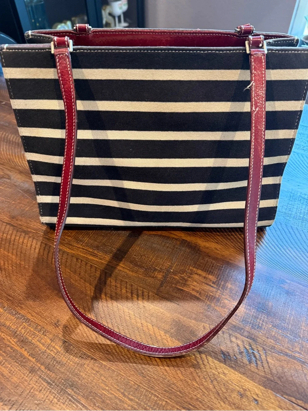 Vintage 90s Kate Spade Canvas Striped Tote Shoulder Bag Red Leather Trim